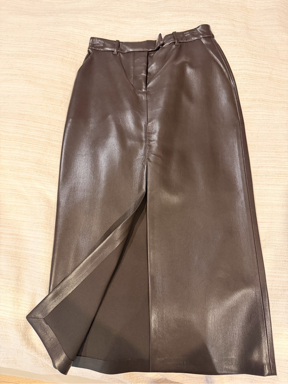 Wilfred Brown Faux Leather Midi Skirt with Front Slit